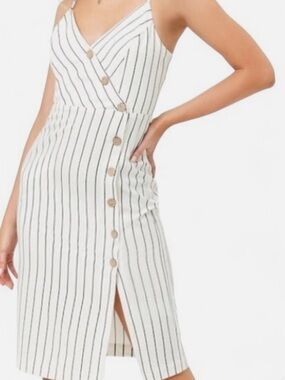 Forever 21 White Midi Sundress with Black Stripes and Button Detail